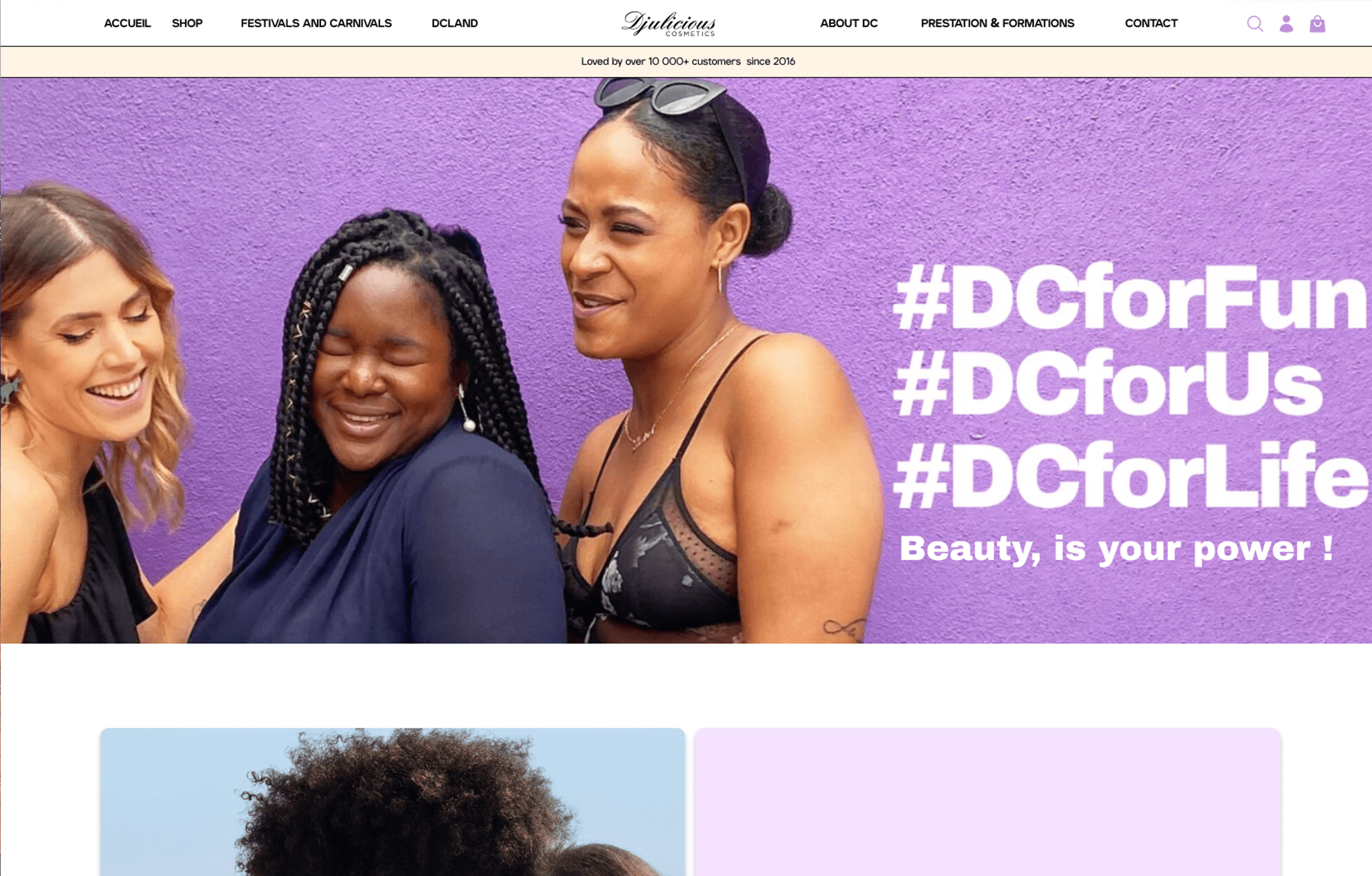 Page d'accueil avec hero section et slogan "#DCforFun #DCforUs #DCforLife - Beauty, is your power !"
