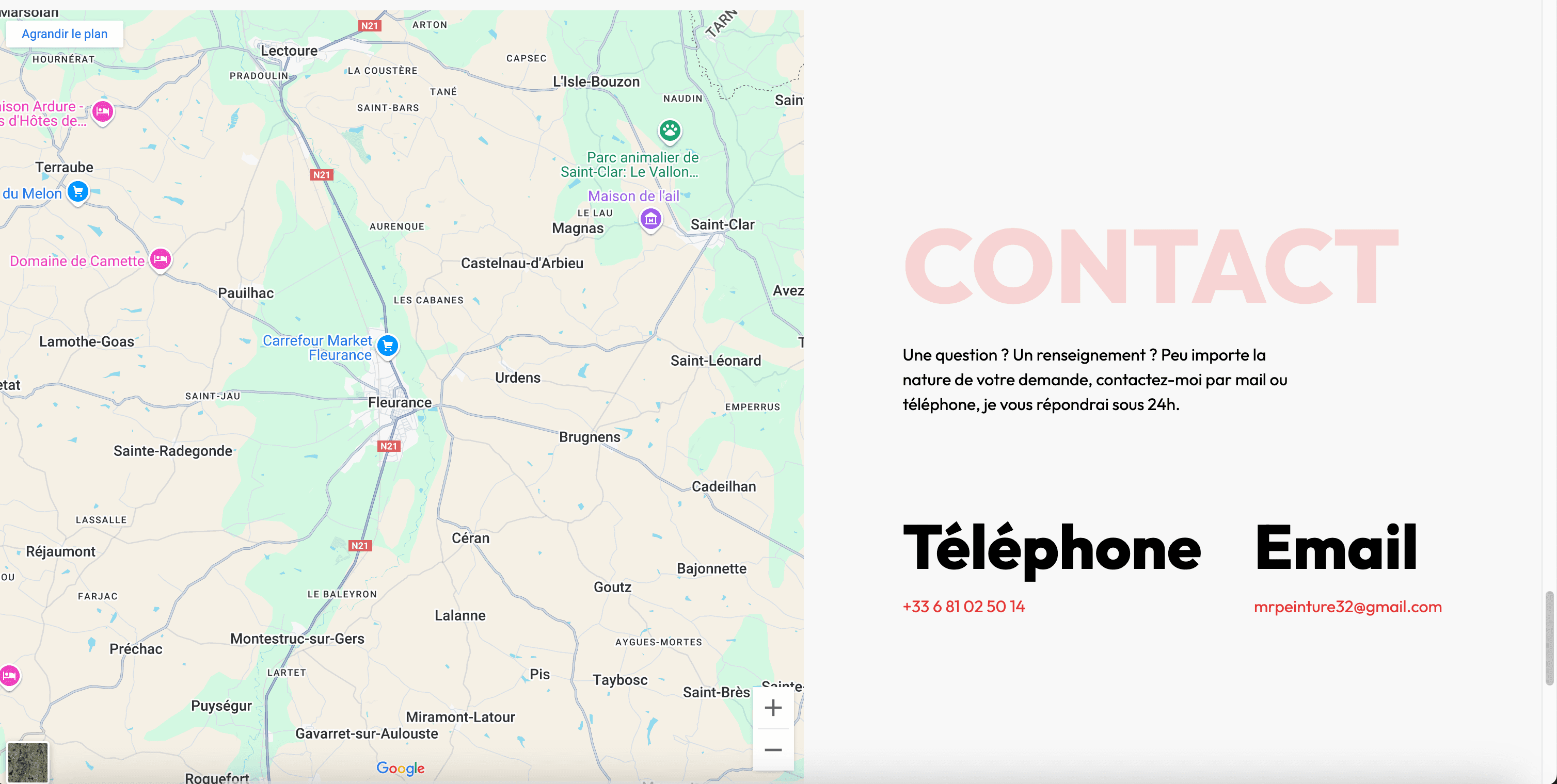 Section contact avec carte Google Maps et coordonnées