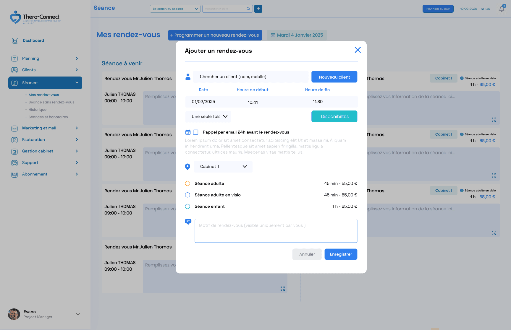 Interface de prise de rendez-vous et programmation